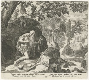 Onyfry Wielki jako pustelnik Mężczyzna pustelnicy (tytuł serii) Solitudo Sive Vitae Patrum Eremicolarum (tytuł serii) autorstwa Johann Sadeler (I)