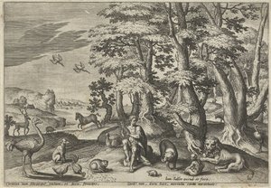 Orfeusz, tworzący muzykę dla zwierząt Pejzaże ze scenami mitologicznymi (tytuł serii) autorstwa Johann Sadeler (I)