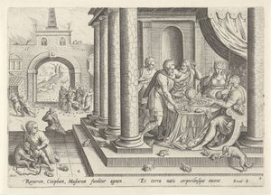 Plaga żab i komarów Historia Mojżesza przed Exodusem (tytuł serii) Historia plagarum w Aegijpto (tytuł serii) autorstwa Johann Sadeler (I)