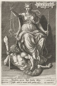 Powód (Ratio) pokonuje Violentia (Violentia) Stosunek (tytuł do obiektu) Cnoty zwyciężają wady (tytuł serii) autorstwa Johann Sadeler (I)