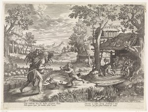 Set wita Adama wracającego z pola Historia rodziny Seta / Ocenianie dobrych i złych (tytuł serii) Bonorum et Malorum consensio (tytuł serii) autorstwa Johann Sadeler (I)