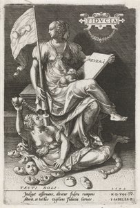 Zaufanie (Fiducia) pokonuje tajne oszustwo (Tecti doli) Fidvcia (tytuł na obiekcie) Cnoty zwyciężają wady (tytuł serii) autorstwa Johann Sadeler (I)