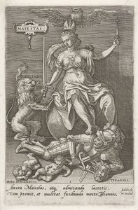 Godność (Majestas) pokonuje Tyranię (Tyrannis) Majesty (tytuł na obiekcie) Cnoty zwyciężają wady (tytuł serii) autorstwa Johann Sadeler (I)