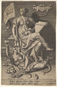 Fiducia, siedząca kobieta trzymająca księgę i sztandar, odwracając głowę od gołego..., 1579.