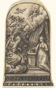 Zwiastowanie, Maria klęka przy mównicy, a Gabriel zbliża się na obłoku z ..., ca. 1580-1600.