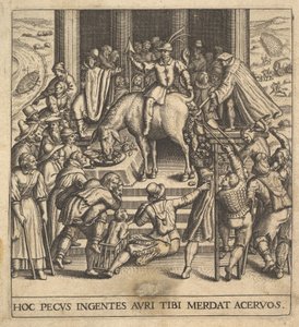 Mężczyźni zbierający łajno spadające z zadu muła, z jeźdźcem siedzącym na ba..., 1592-1614. autorstwa Johann Theodor de Bry