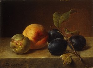 Brzoskwinia i śliwki na marmurowej półce, 1860