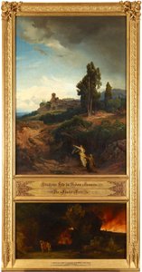 Abrahams Bitte für Sodom (oben). Die Flucht Lots (unten). Aus dem Zyklus "Zwölf biblische Landschaften mit der Geschichte Abrahams" autorstwa Johann Wilhelm Schirmer
