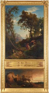 Ofiarowanie Izaaka (u góry). Lament Abrahama nad Sarą (u dołu). Z cyklu „Dwanaście biblijnych pejzaży przedstawiających historię Abrahama” autorstwa Johann Wilhelm Schirmer