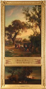 Eliezer i Rebeka przy studni (u góry). Pogrzeb Abrahama (u dołu). Z cyklu „Dwanaście biblijnych pejzaży przedstawiających historię Abrahama” autorstwa Johann Wilhelm Schirmer