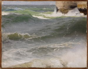 Widok na morze w pobliżu Etretat (z skalistym wybrzeżem po prawej stronie) autorstwa Johann Wilhelm Schirmer
