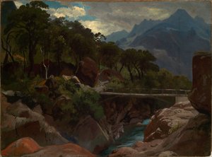 Szwajcarska rzeka górska z kładką autorstwa Johann Wilhelm Schirmer