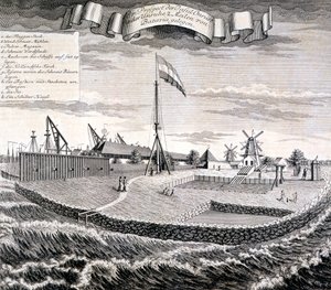 Holenderska Kompania Wschodnioindyjska drewno lub tartak na wyspie dwie mile od Batavia, pub. 1744. autorstwa Johann Wolfgang Heydt