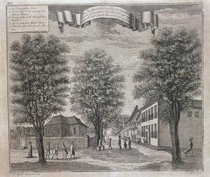 Kościół portugalski oraz chińskie i europejskie domy na ulicy w Batawii, z serii widoków Batawii „Schau-platz von Africa und Ost-Indien”, opublikowanej w Norymberdze w 1744 r. autorstwa Johann Wolfgang Heydt