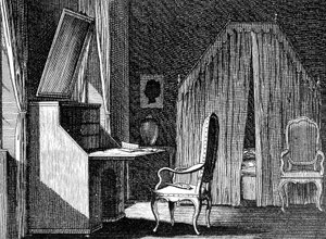 Pokój Wertera, ilustracja: Daniel Chodowiecki (1726-1801), rycina inspirowana Cierpieniami młodego Wertera Johanna Wolfganga von Goethego (1749-1832)