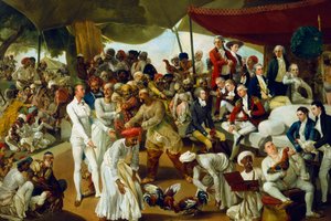 Pułkownik Mordaunt ogląda walkę kogutów w Lucknow, Indie, 1790 autorstwa Johan Joseph Zoffany
