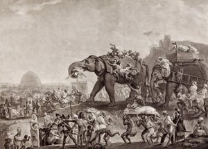 Ambasada Hyderbeck do Kalkuty, od wezyra z Oude, drogą Patna, w roku 1788, aby spotkać się z Lordem Cornwallis, pub.c. 1800 (mezzotinta) autorstwa Johan Joseph Zoffany