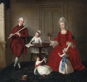 Rokoko: Portret pana i pani James Blew i ich troje dzieci w eleganckim wnętrzu, autorstwa Johanna Zoffany (Zauffelij) (1733-1810). 1660-1670, olej na płótnie, 75x80,3. Prywatna kolekcja