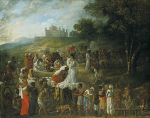 Ofiara hinduskiej wdowy na stosie pogrzebowym jej męża autorstwa Johan Joseph Zoffany