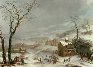 Zimowa scena w pobliżu rzeki Flustal autorstwa Johann the Yngr. Dallinger von Dalling