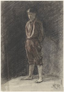 Stojący mężczyzna z hełmem i zwiniętymi rurami książkowymi autorstwa Johannes Abraham Mondt