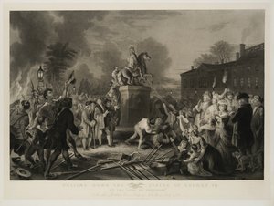 Obalanie Statuy Jerzego III przez Synów Wolności, w Bowling Green, miasto Nowy Jork, lipiec 1770, rytowane przez Johna C. McRae, po 1853 r.