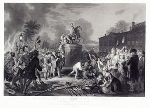 Zburzenie Statuy Jerzego III przez Synów Wolności, w Bowling Green, Nowy Jork, lipiec 1776, wyd. 1875 autorstwa Johannes Adam Simon after Oertel