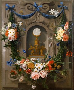 Eucharystia otoczona kwiatami (olej na płótnie) autorstwa Johannes Antonius van der Baren