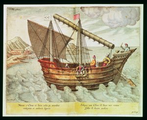 Chińska dżonka, ilustracja z „Jan Huyghen van Linschoten, Jego dyskurs podróży do Indii Wschodnich i Zachodnich”, 1579-92 (rycina)