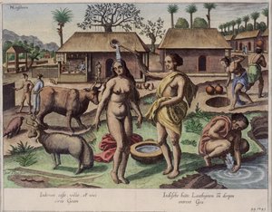 Życie na Goa, ilustracja z „Jan Huyghen van Linschoten, Jego dyskurs podróży do Indii Wschodnich i Zachodnich”, 1579-92 (kolorowe grawerowanie)