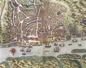 Mapa miasta i portu portugalskiego w Goa, Indie, fragment portu i żeglugi handlowej, 1595 grawerowany detal 110750