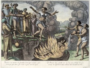 Sati, ilustracja z "Jan Huyghen van Linschoten, jego dyskurs o podróżach do Indii Wschodnich i Zachodnich", 1579-92 (rycina kolorowa)