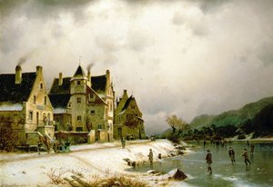 Zimowy krajobraz rzeczny z łyżwiarstwem figurowym na lodzie obok wioski (olej na płótnie) autorstwa Johannes Bartolomaus Duntze