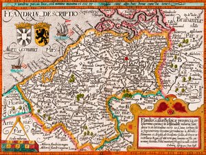 Mapa Flandrii, wg kartografa Matthiasa Quada z jego „Fasciculus Geographicus”, później ręczne malowanie (kolorowy grawerunek)