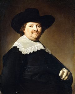 Portret dżentelmena, połowa długości, ubranego w czarny kostium z białym koronkowym kołnierzykiem i czarnym kapeluszu,