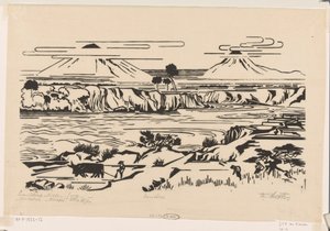 Krajobraz, Jawa Środkowa: Merbaboe, Merapi, rzeka Ello (oryginalny tytuł na obiekcie) autorstwa Johannes Frederik Engelbert ten Klooster (signed by artist)