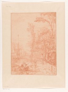 Arkadische Landschaft mit Figuren nahe einem Obelisken