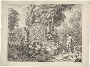 Krajobraz z fontanną oraz Dianą i jej nimfami Przedstawienia biblijne, mitologiczne i alegoryczne (tytuł serii)