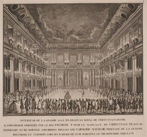 Bal dworski w sali rycerskiej Christiansborga na ślubie Christiana VII z Caroline Mathilde autorstwa Johannes Gottfred Bradt