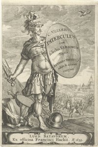 Romeinse krijgsman voor een slagveld Titelpagina voor Caius Velleius Paterculus cum Selectis Variorum Notis, 1659 autorstwa Johannes Hackius