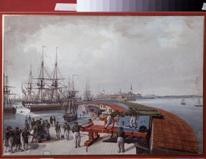Widok Reval (obecny Tallin (Tallin), w Estonii), port i artyleria rosyjskiego wybrzeża (Widok Reval, Port i rosyjska artyleria nadbrzeżna). Praca Johannesa Hau (1771-1838), akwarela na papierze autorstwa Johannes Hau