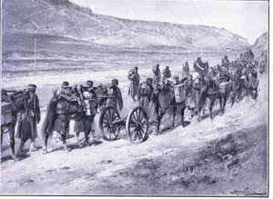 Bateria dział polowych w drodze do Izon, ilustracja z Cassells History of the rosyjsko-japońskiej wojny, tom 1, ok. 1900