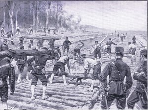 Japońscy inżynierowie budujący drewnianą drogę dla żołnierzy, ilustracja z Cassells History of the rosyjsko-japońskiej wojny, tom 1, ok. 1900 autorstwa Johannes Hermann Barend Koekkoek