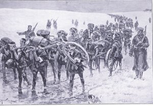Japończycy w marszu. Mężczyźni zamiast jucznych kucyków, ilustracja z Cassells History of the rosyjsko-japońskiej wojny t. 1, ok. 1900