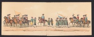 Procesja historyczna studentów Uniwersytetu Nauk Stosowanych w Groningen, 1850 (tablica 2) Kostium przedstawiający wejście Maurytów, księcia Orańskiego, hrabiego Nassau itp. oraz Willema Lodewijka, hrabiego Nassau, w Groningen w roku 1594, autorstwa H.H. autorstwa Johannes Hermanus van de Weijer