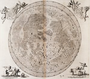 Pierwsza szczegółowa mapa Księżyca sporządzona w 1647 r. przez Jana Heweliusza, odbitka zaczerpnięta z atlasu niebieskiego Jana Heweliusza (1611-1687) Selenographia sive Lunae descriptio, Gdańsk