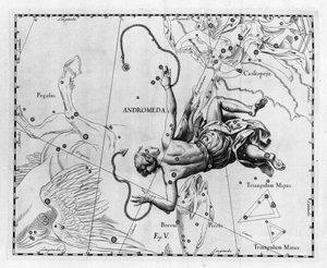 Konstelacja Andromedy. Tabliczka zaczerpnięta z "Firmamentu Sobiescanum lub Uranografii" Jana Heweliusza lub Hevela (1611-1687) autorstwa Johannes Hevelius