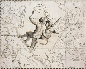 Gwiazdozbiór Gemini, ilustracja z Firmamentum Sobiescianum sive Uranographia, autorstwa Johanna Heveliusa (1611-1687), Gdańsk 1690