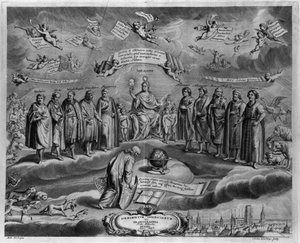 Słynni astronomowie. Wśród nich, od lewej do prawej: Walterus (?) , Tycho Brahe (Tyge Ottesen Brahe), znany jako Le noble Danish lub L