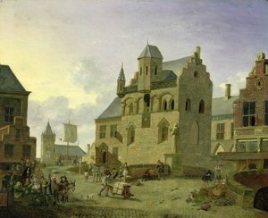 Miesto aikštė su figūromis ir valstiečiais, prekiaujančiais turgavietėje (pano)polis